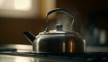 quente chá vapores a partir de Antiguidade prata chaleira gerado de ai foto