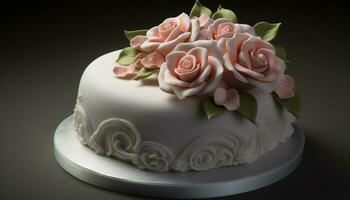 a ornamentado Casamento bolo com Rosa flores gerado de ai foto