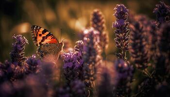 uma borboleta poliniza uma solteiro roxa flor gerado de ai foto