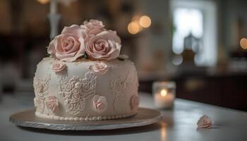 elegante Casamento bolo com chocolate gelo e flores gerado de ai foto