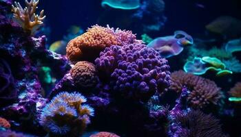 colorida palhaço peixe nadar entre vibrante coral gerado de ai foto
