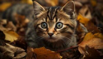 curioso gatinho olhares fixos às outono folhas, brincalhão gerado de ai foto