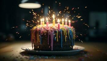 aniversário celebração com brilhando luz de velas, doce sobremesa gerado de ai foto