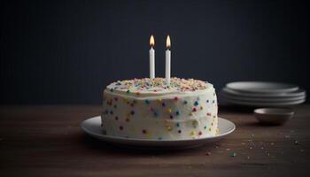 aniversário bolo com queimando velas e decorações gerado de ai foto