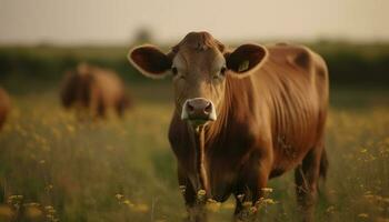 fofa vaca pastar dentro verde Prado às nascer do sol gerado de ai foto