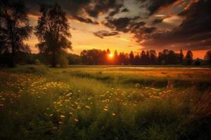 pôr do sol sobre uma campo com natureza. ai generativo foto