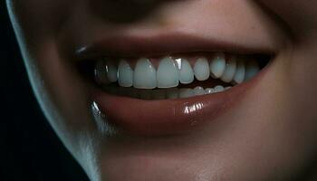 jovem mulher com suspensórios sorridente, mostrando fora dela cheio de dentes sorrir gerado de ai foto