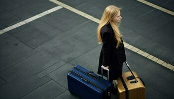 jovem empresária caminhando com bagagem, deixando aeroporto terminal para viagem gerado de ai foto