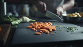 1 pessoa preparando saudável vegetariano refeição dentro de casa usando fresco ingredientes gerado de ai foto