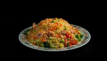 recentemente cozinhou gourmet refeição frito arroz com legumes e carne gerado de ai foto