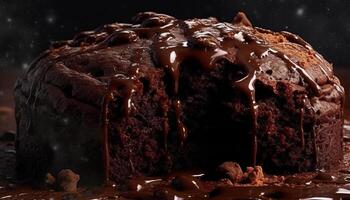 indulgente caseiro Brownie fatia com doce de açúcar molho e avelã decoração gerado de ai foto