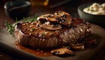 grelhado lombo bife com cogumelo e vegetal placa, pronto para comer gerado de ai foto