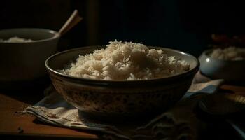 orgânico basmati arroz dentro de madeira tigela, uma saudável refeição grampo gerado de ai foto