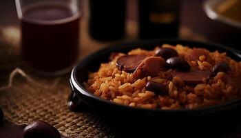 recentemente cozinhou vegetariano refeição em rústico de madeira mesa com tigela do arroz gerado de ai foto