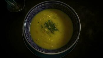 fresco vegetal sopa com caseiro pão e salsinha guarnição, enfeite, adorno gerado de ai foto