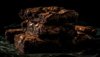 Sombrio chocolate pilha, gourmet indulgência, cozido Brownie, orgânico cacau pó gerado de ai foto