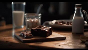 indulgente caseiro Sombrio chocolate Brownie em rústico de madeira mesa gerado de ai foto