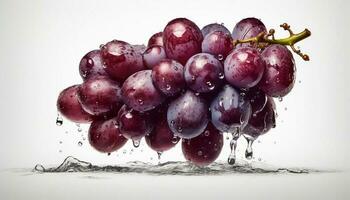 suculento uva grupo espirrando dentro água, maduro e fresco gerado de ai foto