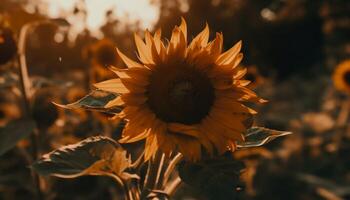 vibrante girassol Flor dentro rural Prado, retroiluminado de pôr do sol laranja gerado de ai foto