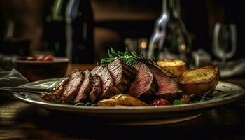 grelhado lombo bife em rústico madeira placa, pronto para comer com especiaria gerado de ai foto