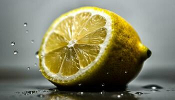 suculento limão fatia reflete frescor do orgânico citrino fruta dentro água gerado de ai foto