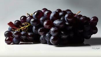 fresco roxa uvas em uma frondoso filial, natureza doce refresco gerado de ai foto