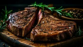 suculento grelhado bife, temperado com ervas e especiarias, pronto para comer gerado de ai foto