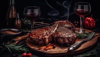 grelhado bife em rústico madeira mesa com vermelho vinho beber gerado de ai foto