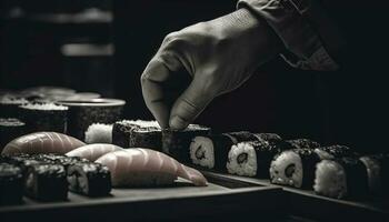 mão segurando fresco Sushi placa, uma gourmet frutos do mar refeição tradição gerado de ai foto