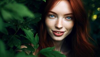 sorridente jovem mulher dentro natureza, beleza e elegância dentro foco gerado de ai foto