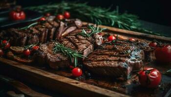 grelhado carne filé com tomate e vegetal em rústico prato gerado de ai foto