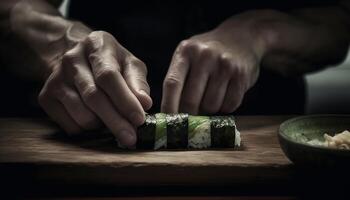 saudável gourmet refeição fresco frutos do mar sashimi com vegetal e arroz gerado de ai foto