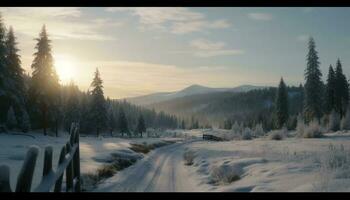 tranquilo inverno panorama neve coberto floresta, montanha faixa, e congeladas beleza gerado de ai foto