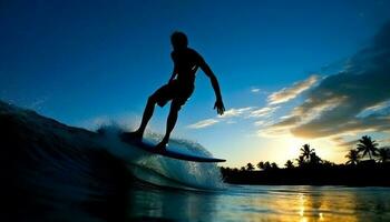 silhueta do 1 pessoa surfar a onda às pôr do sol gerado de ai foto