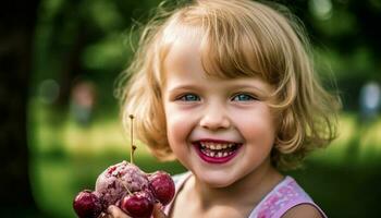 sorridente caucasiano menina segurando suculento baga fruta, desfrutando verão ao ar livre gerado de ai foto