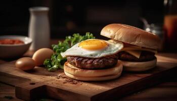 grelhado gourmet Hamburguer de queijo em rústico madeira prato com fresco coberturas gerado de ai foto