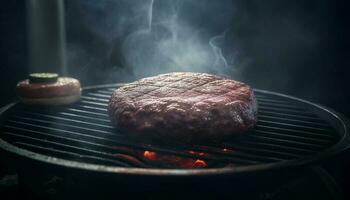 grelhado carne bife em metal grato, cercado de fumaça e chama gerado de ai foto