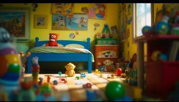 colorida sala de jogos preenchidas com brinquedos e criatividade para infância desenvolvimento gerado de ai foto