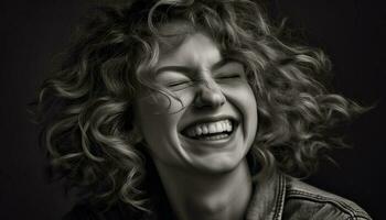 1 lindo mulher com encaracolado cabelo sorridente para uma Tiros na Cabeça gerado de ai foto