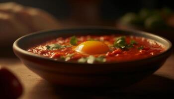 fresco vegetariano sopa com orgânico tomate e erva especiaria guarnição, enfeite, adorno gerado de ai foto