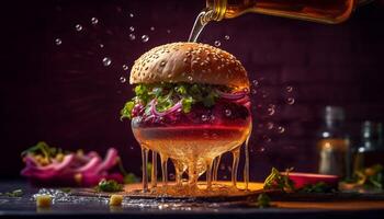 fresco gourmet hamburguer refeição em rústico madeira mesa com refresco gerado de ai foto