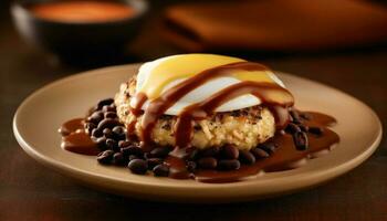 indulgente chocolate panqueca com fresco fruta e açoitado creme cobertura gerado de ai foto