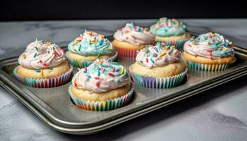 multi colori gourmet bolos de copo com doce gelo e fofa decorações gerado de ai foto