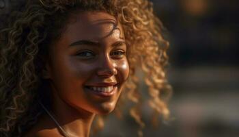 sorridente jovem mulher com encaracolado cabelo desfrutando lazer atividade ao ar livre gerado de ai foto