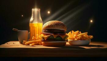 grelhado carne hamburguer com queijo cheddar queijo, fritas, e Cola beber gerado de ai foto