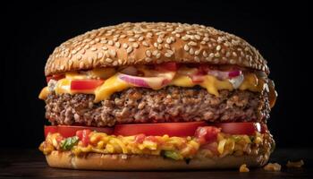 grelhado gourmet Hamburguer de queijo com fresco legumes em caseiro sésamo pão gerado de ai foto