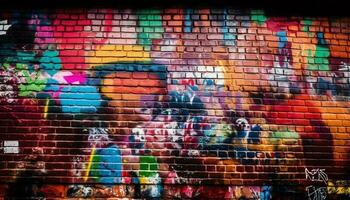 vibrante grafite ilumina moderno cidade rua com texturizado tijolo pano de fundo gerado de ai foto