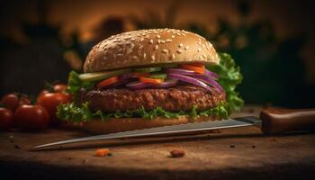 grelhado carne hamburguer com fresco tomate e cebola em rústico pão gerado de ai foto