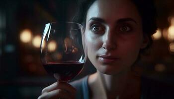 jovem adulto fêmea desfrutando vermelho vinho às uma vinho degustação gerado de ai foto