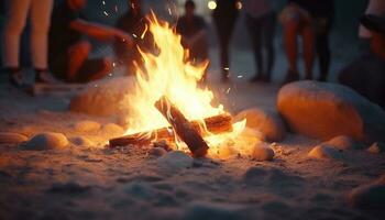 homens e mulheres reunir para uma brilhando fogueira churrasco celebração gerado de ai foto